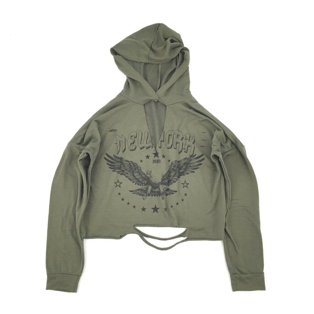 Charlotte Russe New York Eagle Print Long Sleeve Cropped Hoodie S Green Ripped